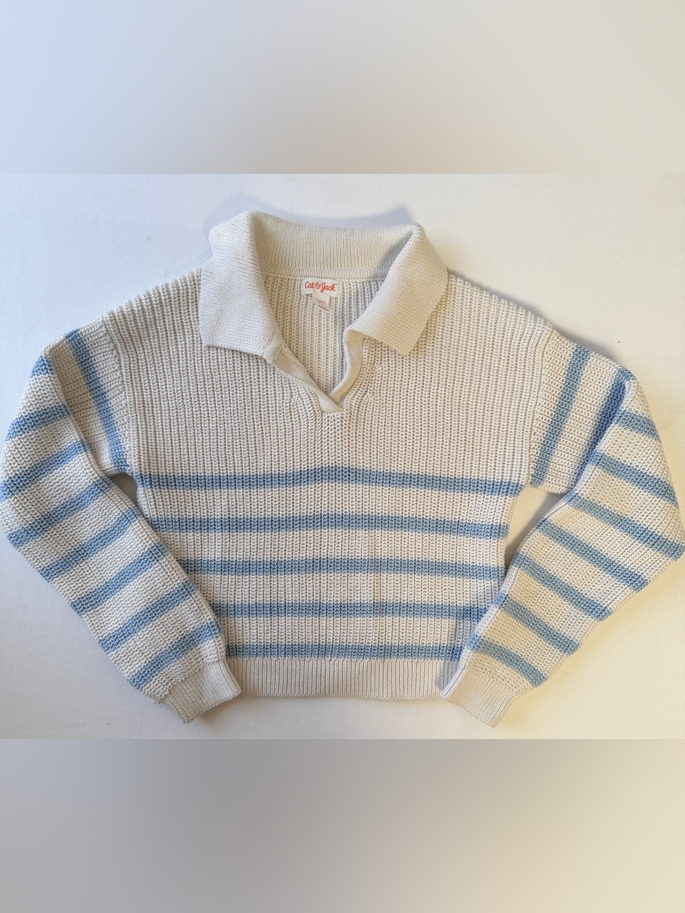 Cat & Jack Girls S 6/7 Cream Blue Striped Collared Sweater NWOT